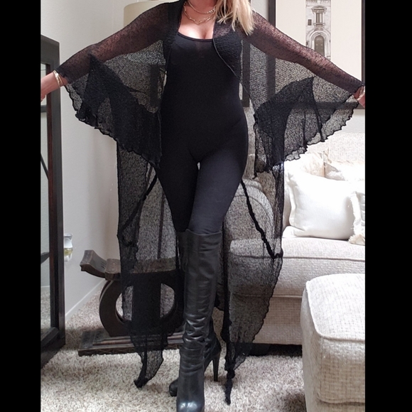 Long Black Punk Goth Bohemian See Through 2 Way Bell Sleeve Cardigan Sweater - Picture 5 of 5
